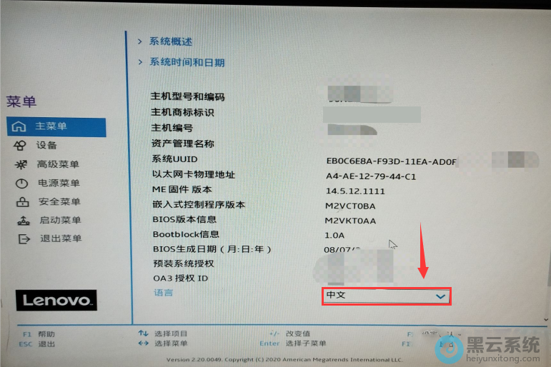 进入bios设置界面,并改成中文界面
