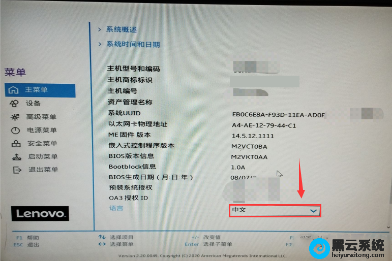 进入bios设置界面,并改成中文界面