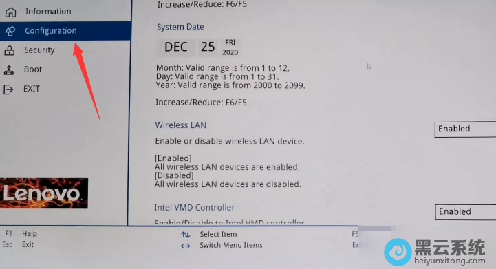 进入到bios设置后切换到configuration选项