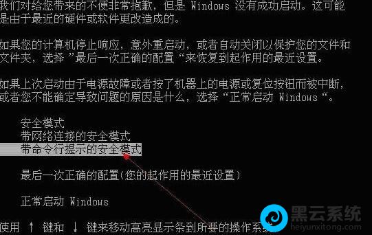 进入并选择【带命令行的安全模式】